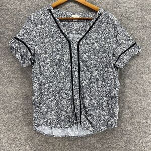 Hinge Blouse Women M Medium Black Floral V-Neck Short Sleeve Pullover Casual